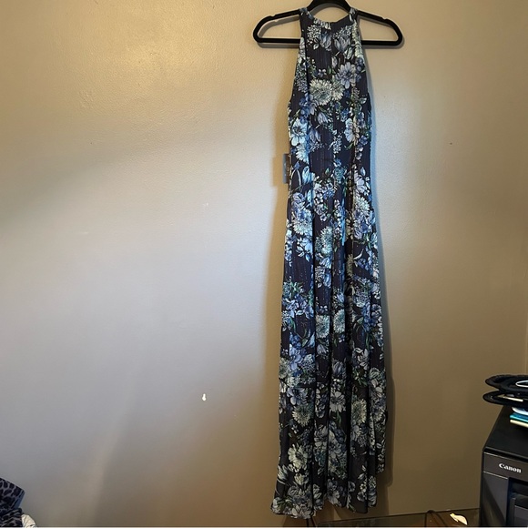 NWT Vince Camuto Sz 6 Womens Blue Floral Chiffon Halter Ruffle Drape Dress Gown! - Picture 14 of 16